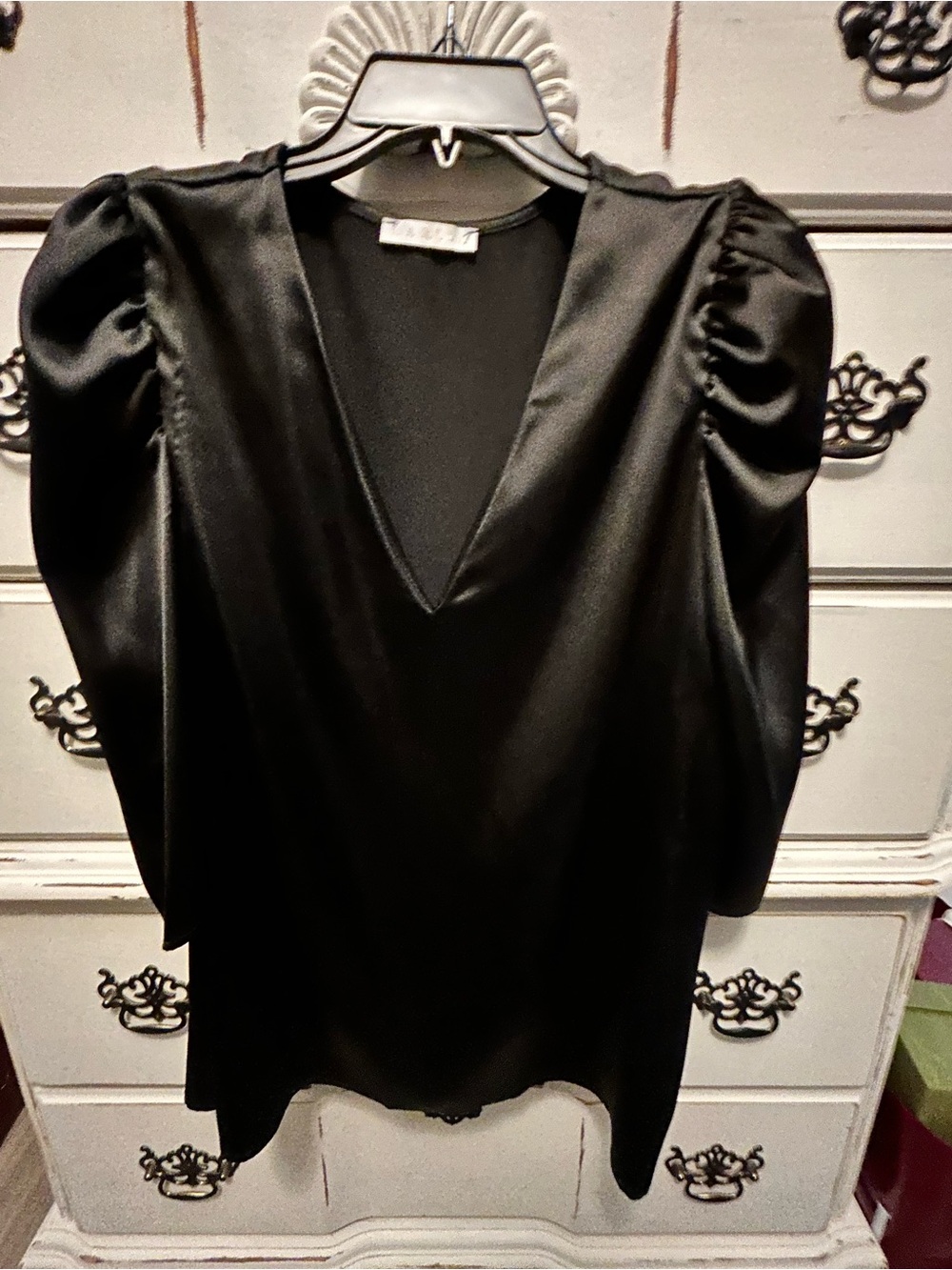 Karlie Black Satin V-Neck Puff-Sleeve Dress